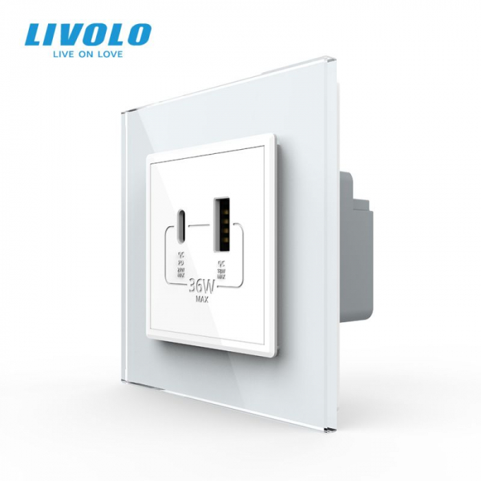 Priza dubla USB + USB tip C, cu rama sticla VL-FCUA18W.UC18W-P7E-2WP [3]