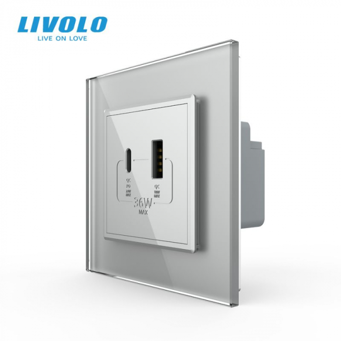 Priza dubla USB + USB tip C, cu rama sticla VL-FCUA18W.UC18W-P7E-2WP [4]