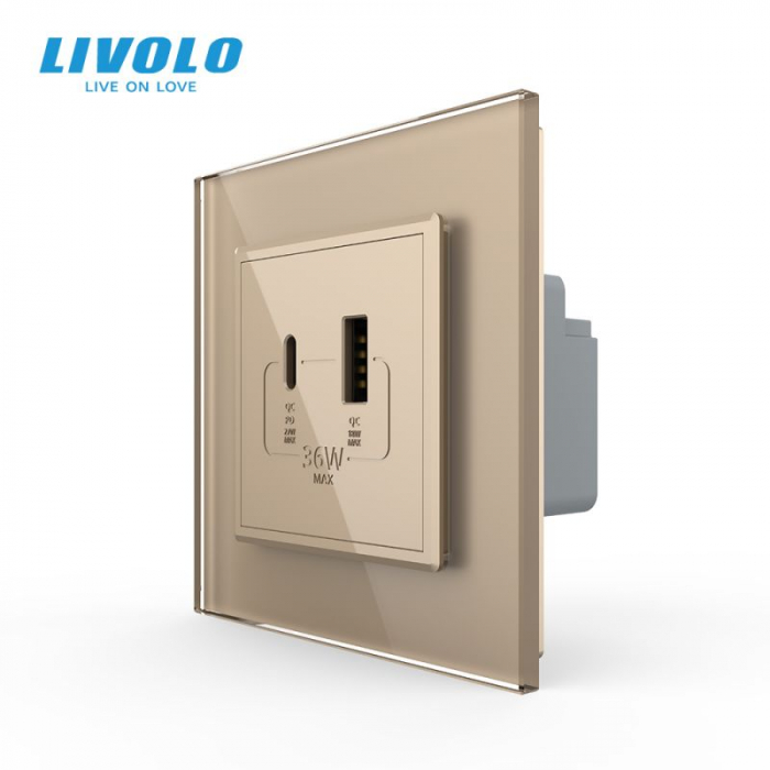 Priza dubla USB + USB tip C, cu rama sticla VL-FCUA18W.UC18W-P7E-2WP [2]