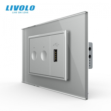 Intrerupatoare Touch / Standard German - Intrerupator tactil dublu cap scara / cruce + priza USB, 3M, rama sticla  VL-FC2S-FCUS-2BP-P9E
