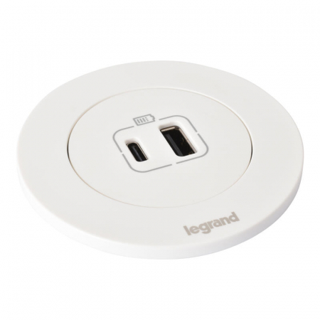 Incara  Legrand - Incara Disq 60 cu USB A+C de 15 W , finisaj alb, negru, metal, cablu 2m + stecar 2P+T