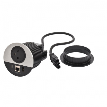 Incara  Legrand - Incara Disq 80 cu Priza 2P+T, USB A+C, iesire cablu, finisaj alb, negru, metal, cablu de 0,5 m +conector Wieland