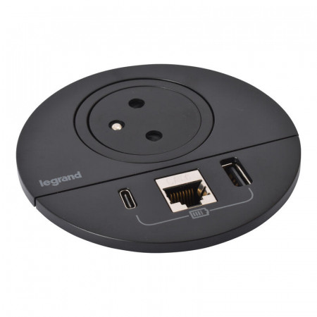 Incara  Legrand - Incara Disq 80 cu Priza 2P+T, USB A+C, RJ45 cat6 UTP , finisaj negru, metal, alb, cablu 2m + stecar 2P+T