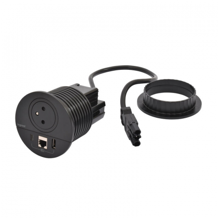 Incara Disq 80 cu Priza 2P+T, USB A+C, RJ45 cat6 UTP , finisaj negru, metal, alb, cablu 2m + stecar 2P+T [1]