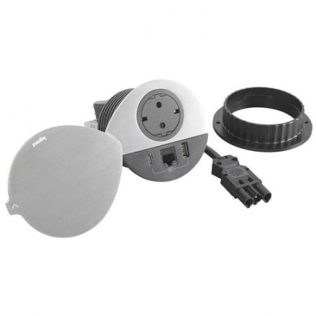 Incara  Legrand - Incara Disq 80 cu Priza 2P+T, USB A+C, RJ45 cat6 UTP negre si capac metalic, cablu de 0,5 m + conector Wieland