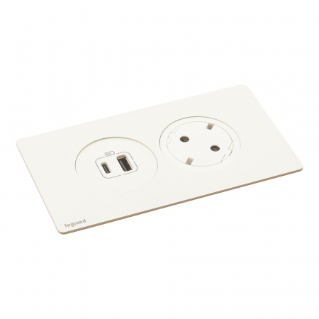 Incara Disq'In 2 posturi cu 1x Priza 2P+T, 1x USB A+C albe, negre cablu 2m + stecar 2P+T, fara placa finisaj [1]