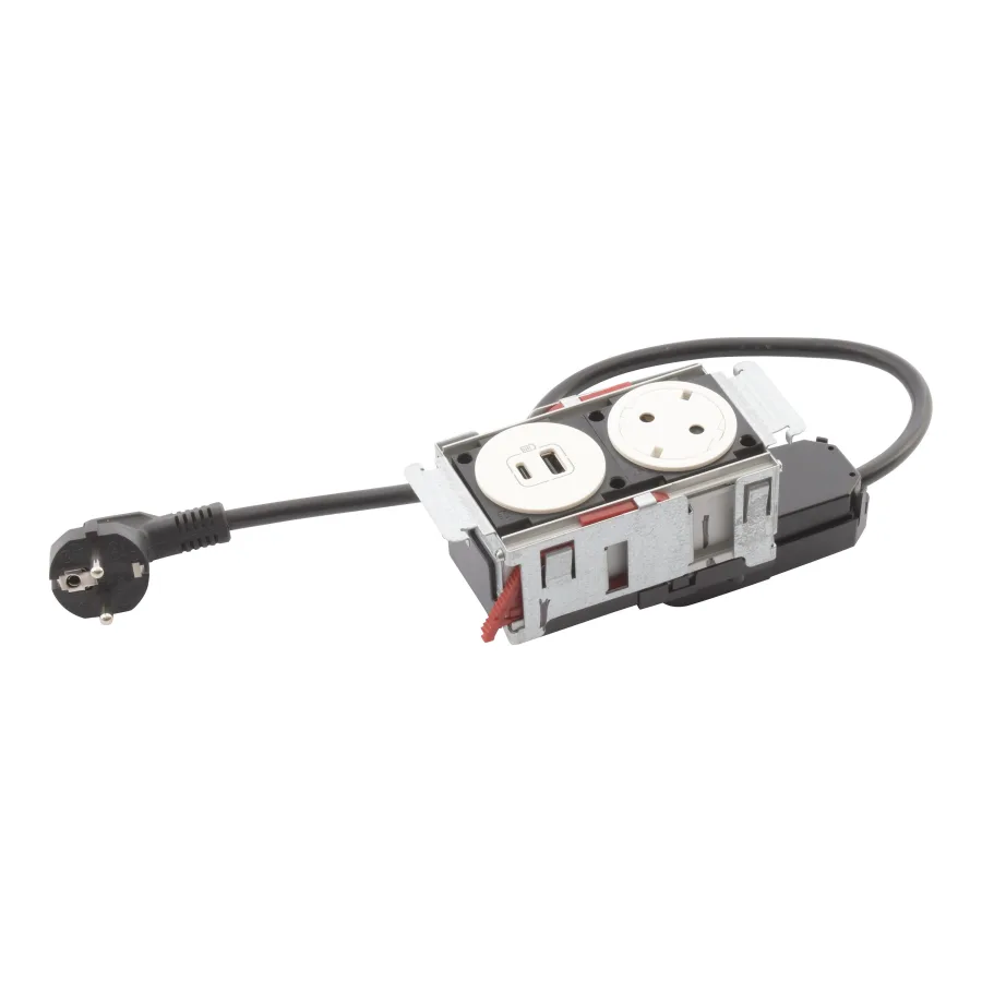 Incara  Legrand - Incara Disq'In 2 posturi cu 1x Priza 2P+T, 1x USB A+C albe, negre cablu 2m + stecar 2P+T, fara placa finisaj