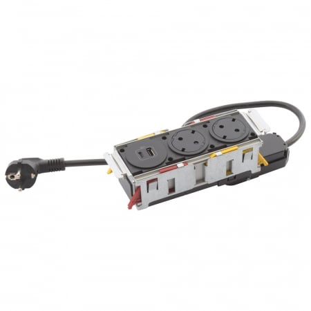 Incara  Legrand - Incara Disq'In 3 posturi cu 2x Priza 2P+T, 1x USB A+C albe, cablu 2m + stecar 2P+T, fara placa finisaj