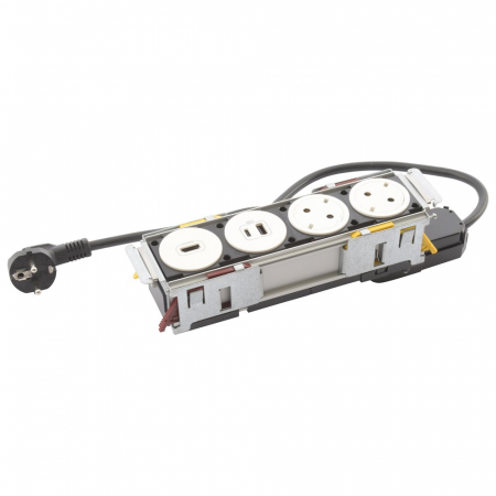 Incara  Legrand - Incara Disq'In 4 posturi cu 2x Priza 2P+T, 1x HDMI, 1x USB A+C albe, cablu 2m + stecar 2P+T, fara placa finisaj
