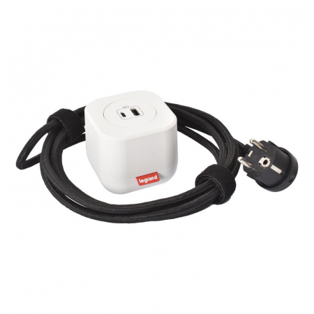 Incara  Legrand - Incara Electr'On 1 post, cu finisaj alb, negru inclus, cu 1x USB A+C , cablu 2,5m + stecar 2P+T