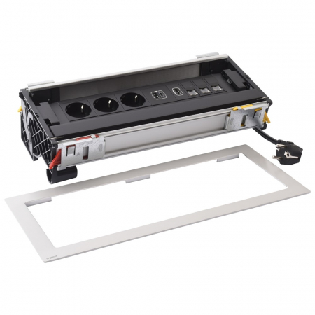 Incara  Legrand - Incara Flip-up 12 module finisaj metal cu 3x Priza 2P+T, 3x RJ45 cat.6 UTP 1mod., 1x HDMI, 1x USB A+C negre, cablu 2m + stecar 2P+T