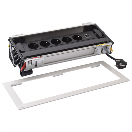 Incara  Legrand - Incara Flip-up 12 module finisaj metal cu 5x Priza 2P+T, 1x USB A+C negre, cablu 2m + stecar 2P+T
