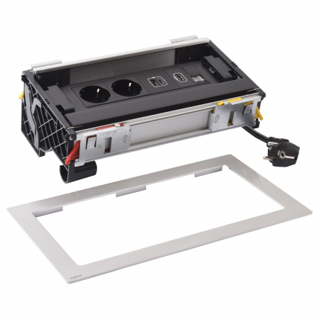 Incara  Legrand - Incara Flip-up 8 module finisaj metal cu 2x Priza 2P+T, 1x RJ45 cat.6 UTP 1mod., 1x HDMI, 1x USB A+C negre, cablu 2m + stecar 2P+T