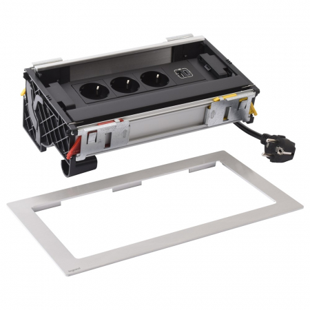 Incara  Legrand - Incara Flip-up 8 module finisaj metal cu 3x Priza 2P+T, 1x USB A+C negre, cablu 2m + stecar 2P+T