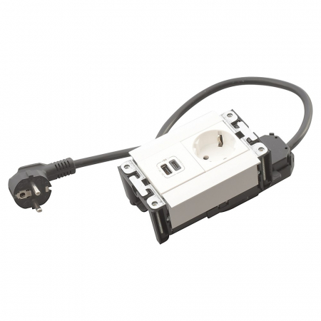 Incara  Legrand - Incara Multilink 4 module finisaj alb cu 1x Priza 2P+T, 1x USB A+C albe, negru, metal, cablu 2m + stecar 2P+T