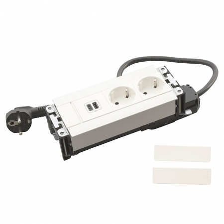 Incara  Legrand - Incara Multilink 6 module finisaj alb, metal, negru cu 2x Priza 2P+T, 1x USB A+C , cablu 2m + stecar 2P+T