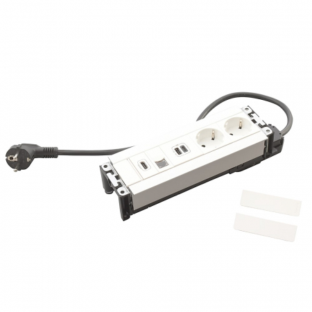 Incara  Legrand - Incara Multilink 8 module finisaj alb, metal, negru cu 2x Priza 2P+T, 1x USB A+C, 1x RJ45 cat.6 UTP 1mod., 1x HDMI , cablu 2m + stecar 2P+T