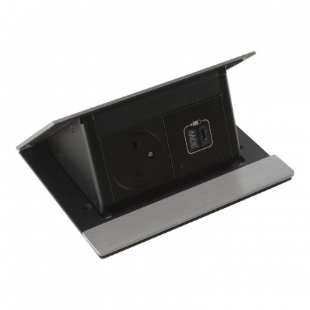 Incara  Legrand - Incara Pop-up 4 module finisaj inox cu Priza 2P+T, USB C 30W negre, cablu 2m + stecar 2P+T