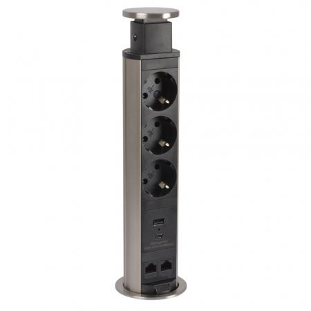 Incara  Legrand - Incara Tower 60 cu 3x Priza 2P+T, 2x RJ45 cat.6, 1x USB A+C, cablu 2m + stecar 2P+T