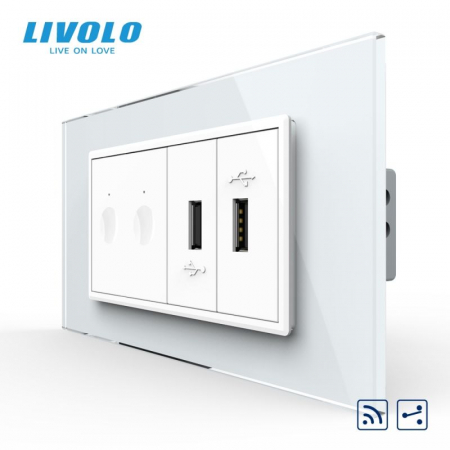 Intrerupatoare Touch / Standard German - Intrerupator tactil dublu cap scara / cruce control telecomanda RF + priza dubla USB, 4M, cu rama sticla VL-FC2SR-2FCUS-2WP-P9E
