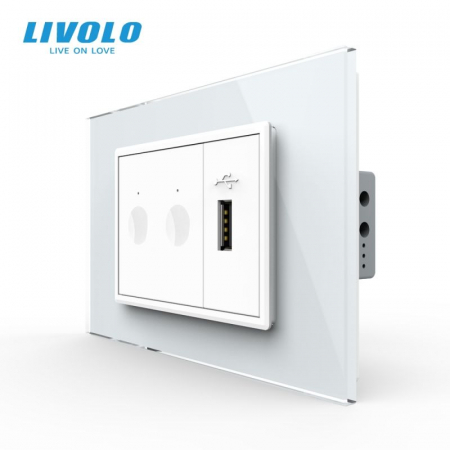Intrerupatoare Touch / Standard German - Intrerupator tactil dublu + priza USB, 3M, rama sticla VL-FC2-FCUS-2AP-P9E