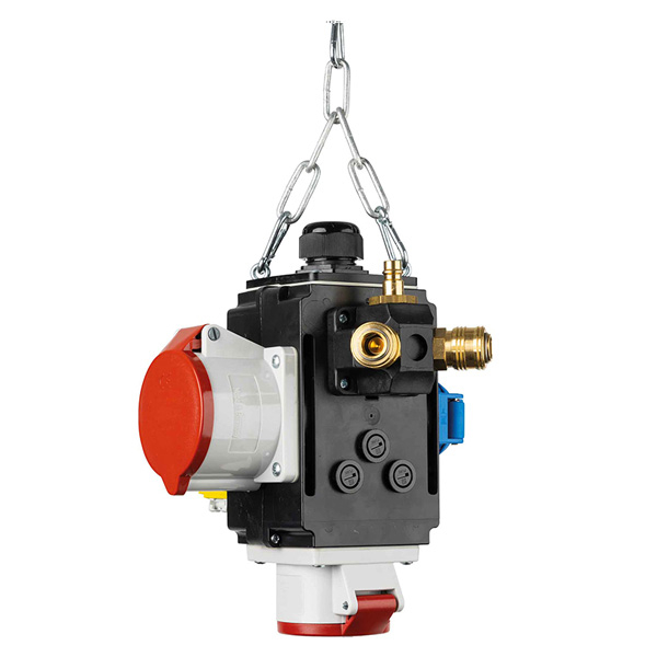 Distribuitor de energie suspendat cu 1 priza trifazica 400V 5 poli 16A 1 priza trifazica 400V 32A 5 poli si 1 prize monofazica schuko IP44 cu conexiune la aer comprimat si conexiune de date [2]