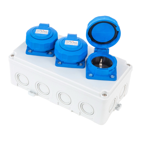 Policarbonat - Cutie de distributie 210x110mm, tablou cu 3 prize 230V schuko albastre, precablat IP67