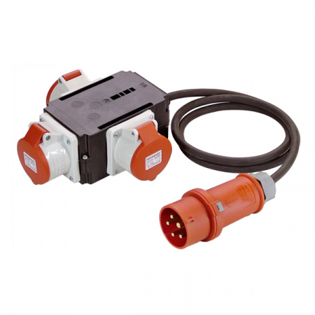 Policarbonat - Distribuitor de curent intrare 5 poli 16A cablu 1.5 metri H07RN-F 5G1.5 iesire 3 prize trifazice 5 poli 16A maxim 11kW IP44