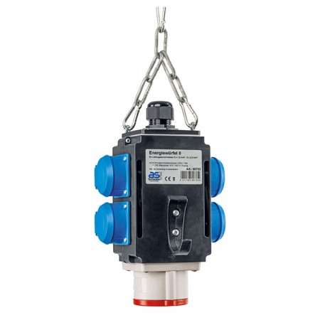 Policarbonat - Distribuitor de energie suspendat 1 priza trifazica 400V 5 poli 16A IP44 si cu 4 prize monofazice schuko 16A IP44 cu conexiune la aer comprimat