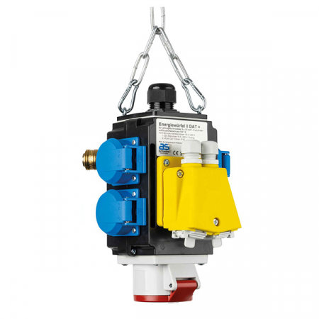 Policarbonat - Distribuitor de energie suspendat 1 priza trifazica 400V 5 poli 16A IP44 si cu 4 prize monofazice schuko 16A IP44 cu conexiune la aer comprimat si conexiune de date