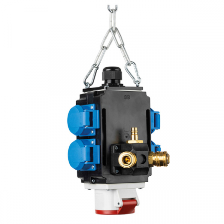 Distribuitor de energie suspendat 1 priza trifazica 400V 5 poli 16A IP44 si cu 4 prize monofazice schuko 16A IP44 cu conexiune la aer comprimat si conexiune de date [1]
