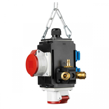 Policarbonat - Distribuitor de energie suspendat 2 prize trifazice 400V 5 poli 16A IP44 si cu 2 prize monofazice schuko 16A IP44 cu conexiune la aer comprimat