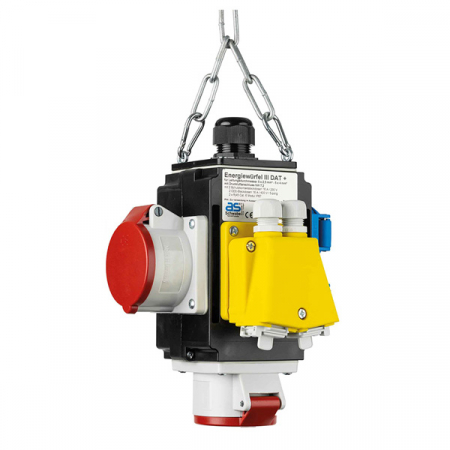 Policarbonat - Distribuitor de energie suspendat cu 2 prize trifazice 400V 5 poli 16A IP44 si 2 prize monofazice schuko 16A IP44 cu conexiune la aer comprimat si conexiune de date