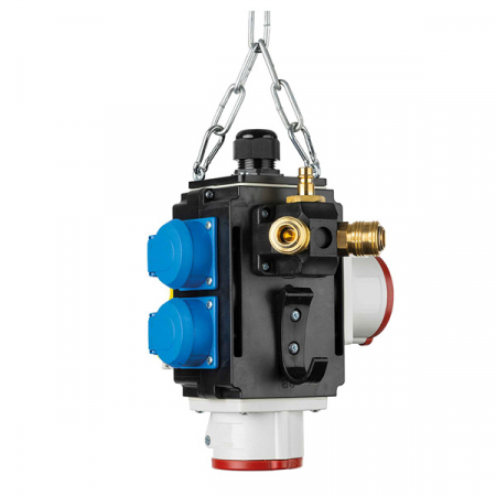Distribuitor de energie suspendat cu 2 prize trifazice 400V 5 poli 16A IP44 si 2 prize monofazice schuko 16A IP44 cu conexiune la aer comprimat si conexiune de date [1]