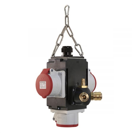 Policarbonat - Distribuitor de energie suspendat cu 2 prize trifazice 400V 5 poli 16A 1 priza trifazica 400V 32A 5 poli IP44 cu conexiune la aer comprimat