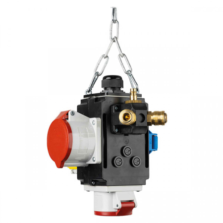 Distribuitor de energie suspendat cu 1 priza trifazica 400V 5 poli 16A 1 priza trifazica 400V 32A 5 poli si 1 prize monofazica schuko IP44 cu conexiune la aer comprimat si conexiune de date [1]