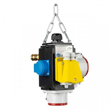 Policarbonat - Distribuitor de energie suspendat cu 1 priza trifazica 400V 5 poli 16A 1 priza trifazica 400V 32A 5 poli si 1 prize monofazica schuko IP44 cu conexiune la aer comprimat si conexiune de date