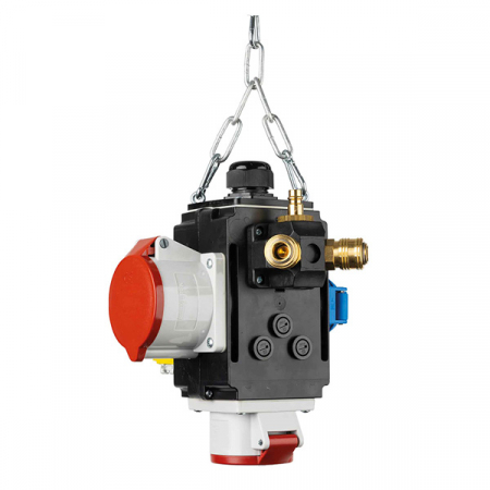 Policarbonat - Distribuitor de energie suspendat cu 1 priza trifazica 400V 5 poli 16A 1 priza trifazica 400V 32A 5 poli si 1 prize monofazica schuko IP44 cu conexiune la aer comprimat