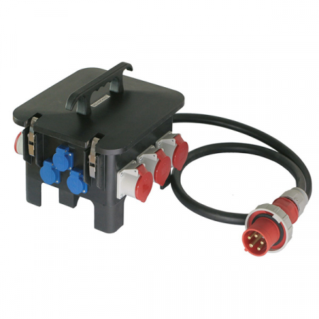 Policarbonat - Distribuitor de putere M6 pentru santier 63A 43kW IP44 intrare cablu H07RN-F 5G16 2m fisa 5 poli 6h 63A iesire 3x prize CEE 5 poli 16A , 3 x prize CEE 5 poli 32A si 3 prize schuko IP44