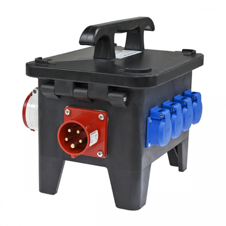 Policarbonat - Distribuitor de putere pentru santier 16A 11kW IP44 cu protectie diferentiala intrare fisa 5 poli 6h 16A iesire 2 x prize CEE 5 poli 16A IP44 si 4 prize schuko IP44