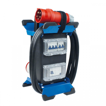Prelungitor Stecky 13 pentru santier cu 4 prize monofazice schuko 16A 250V, 1 priza trifazica CEE 5 poli 16A IP44 si 1 priza trifazica CEE 5 poli 32A IP44 si protectie diferentiala [1]