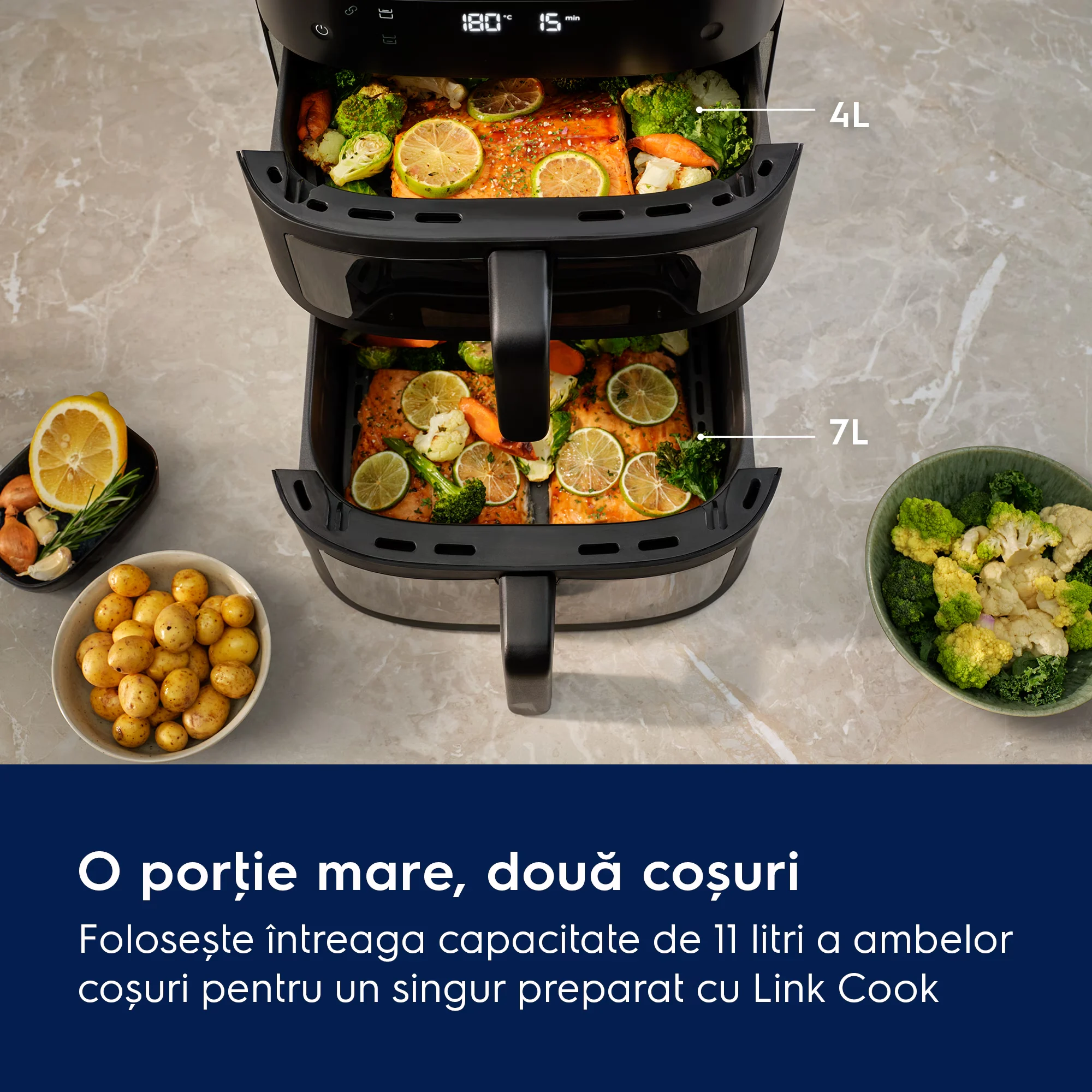 Friteuza cu aer cald Electrolux EAFD11B Seria 800 Dual, 11 L, 2700 W, neagra, cu doua cosuri verticale [10]