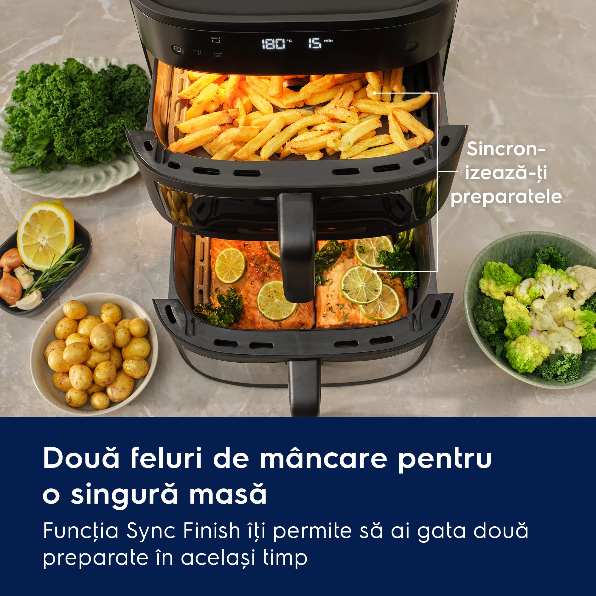 Friteuza cu aer cald Electrolux EAFD11B Seria 800 Dual, 11 L, 2700 W, neagra, cu doua cosuri verticale [9]