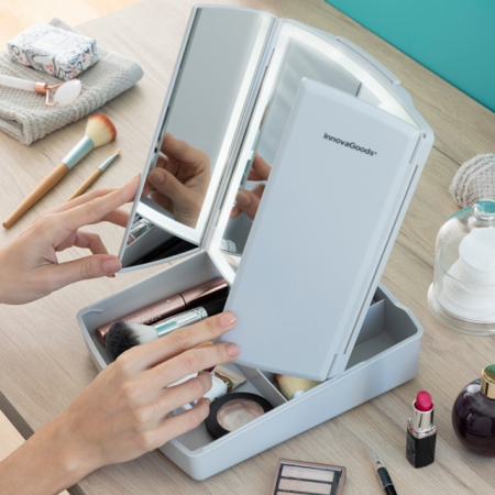 Oglinda cosmetica cu led pentru machiaj, Innovagoods, iluminata, 3 tipuri de lumina, 2 oglizi latelare si oglinda makeup aditionala magnificare 7X, 4 compartimente de depozitare, alimentare duala [5]