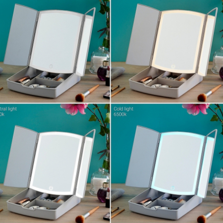 Oglinda cosmetica cu led pentru machiaj, Innovagoods, iluminata, 3 tipuri de lumina, 2 oglizi latelare si oglinda makeup aditionala magnificare 7X, 4 compartimente de depozitare, alimentare duala [8]