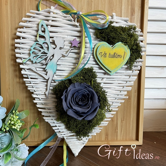 Decoratiune Blue Heart trandafir criogenat, licheni si Zana [1]