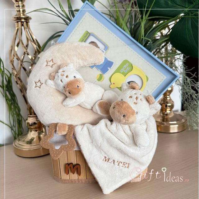 Coș cadou Girafa pentru nou-născut, personalizat [4]