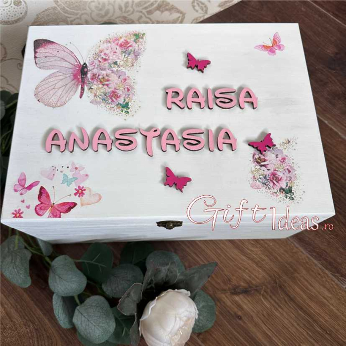 Cufăr de amintiri personalizat, Tărâmul Zânelor, fluturi și flori [4]