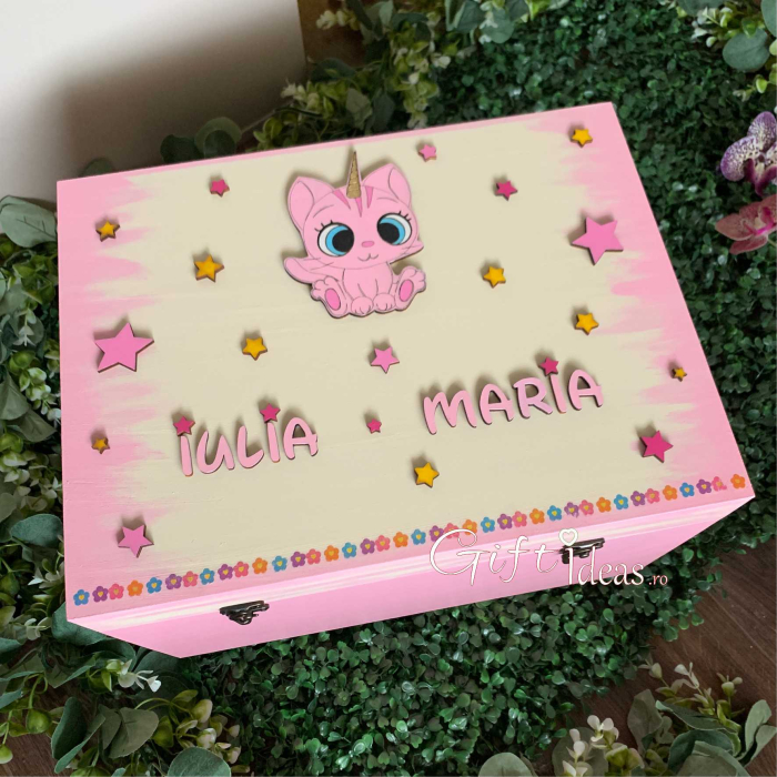 Cufăr Lemn Personalizat „Pisicuța Unicorn” | Handmade [5]