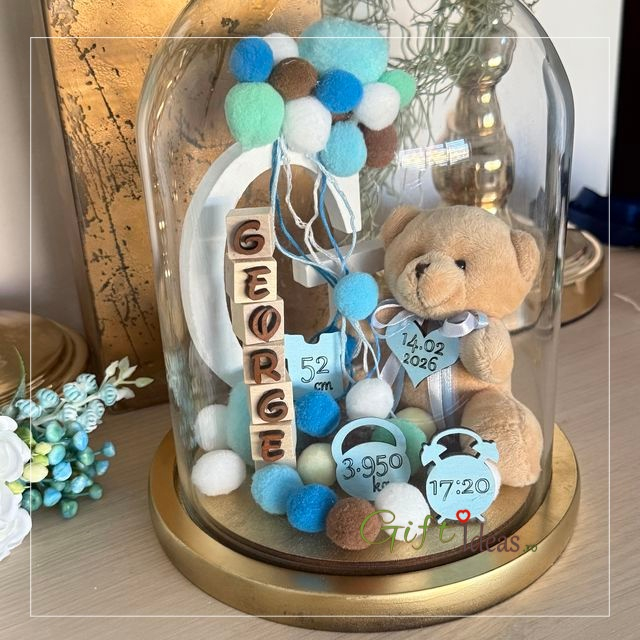 Cupolă din sticlă personalizată ursuleț, cu nume și datele nașterii [2]